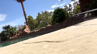 Flashing pussy and tits by the pool