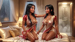 Two voluptuous Indian lesbians cleaning kitchen floor on all fours in revealing traditional attire no panties