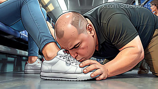Shoe Pervert Licks Women's Shoes on a Crowded Bus