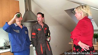 Old bitch enjoys two cocks and dildo