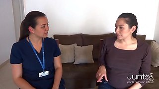 Latina is helped to squeeze milk out of her big round breasts