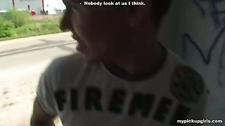 Skinny chick picked up and fucked at a bus stop