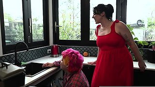 Hairy lesbian with huge clit fucks curvy brunette