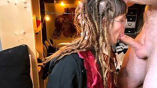 Nerdy schoolgirl working her lovely lips on a big cock