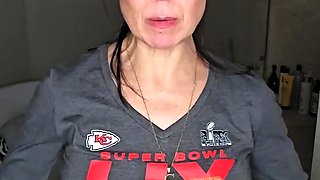 Busty curly brunette with big boobs fucks on couch