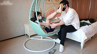 Barefoot College Student Girlfriend, Feet Suspended with Ropes, Hands Handcuffed