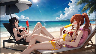AI Gothic Beauty Meets Redhead Beauty - Beach Crossover (Eating Ice Pops)