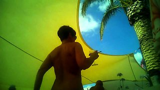 Voyeur finds stunning mature babes enjoying a nudist party