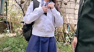 Asian Student and Teacher Fuck Public at School Back