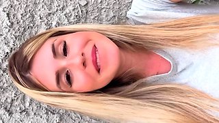 Naughty girl masturbates in the woods and almost gets