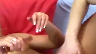 Two gorgeous lesbian babes are using double dildo to pleasing their wet pussies