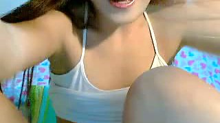 Asian girl in white top and red thongs was rubbing her own clit