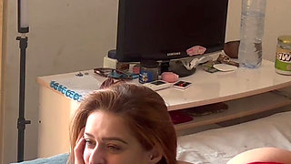 Mask Invades Tattooed Redhead: Rough Blowjob, Slap in the Face and Cum on the Face