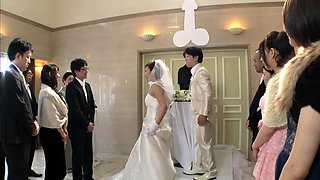 Slutty Japanese bride in lingerie indulges in wild group sex
