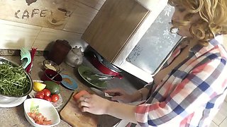 Milf sexy Platinum continues naked cooking in kitchen preparing salad for Christmas without panties  high heels. Naked in public
