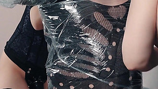 Curvy MILF & Mistress Double Strapon Fuck Bound Plastic Wrapped Boy - Spitroast Pegging & Nylon Foot Trampling