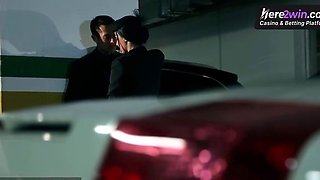 Brunette ginormous hooters group sex in a parking garage