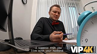 Vip4k. magnificent 18-year-old dark haired gets fucked hard in the office to secure a loan