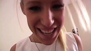 Buxom blonde schoolgirl Allie offers her boyfriend a sensual lapdance