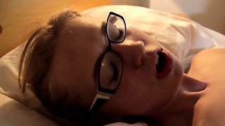 Nerdy blonde coed with tiny tits takes a study break to screw wildly in bed