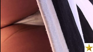 Beautiful Russian girl with sexy long legs voyeur upskirt