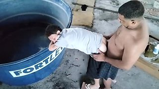 Tight white dyke ass pounded by Latina couple