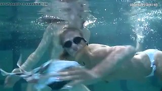 Hot girls Irina and Anna swim naked in the pool