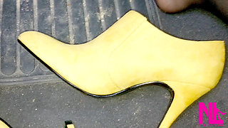 Revving in Yellow Boots and Black Pantyhose
