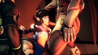 Insatiable babe with big hooters worships two cocks in 3D