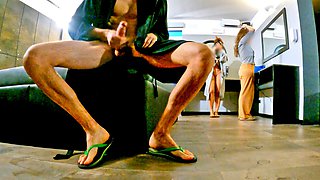 MIXED RESTROOM ADVENTURE: second part of the adventure, flashing cock to the two bitches and really huge cumshot