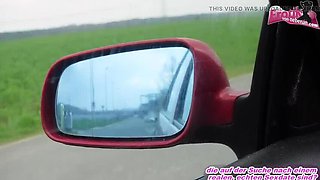 Cheating German teen Lina gives a wild POV blowjob in the car