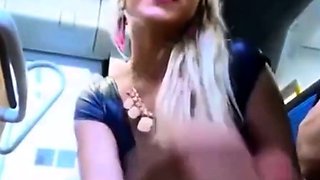 confident girlfriend gives nervous boyfriend blowjob on bus