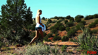 Skinny Blonde with Tattoos Rubs Her Shaved Pussy Outdoors in the Desert