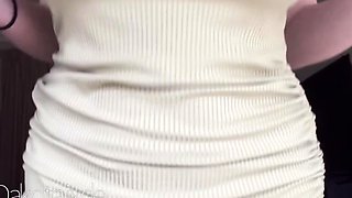 Busty curly brunette with big boobs fucks on couch