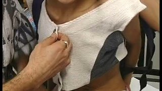 Brunette Tina has her first threesome in front of the camera today