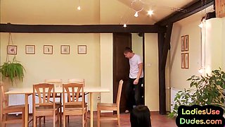 Femdom CFNM secretary fucks guy in threesome orgy with strapon