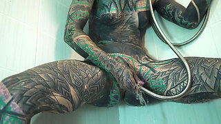 Heavily Tattooed Model Intense Anal Masturbation in the Shower
