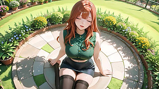 Redhead Busty Beauty Passionate Sex on Garden Grass: Shiny Green Skirt & Black Stockings to Squirting