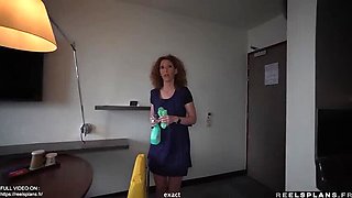 French MILF maid with perfect ass caught masturbating, gets anal fucked by a hotel guest
