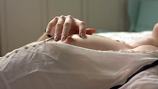 Flat-chested virgin model masturbates her wispy pussy solo