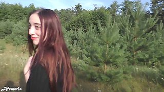 Naughty brunette strips in the forest and strolls around nude