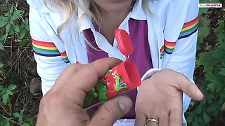 Jasmine Rouge Tastes Bubblegum vs. Thick Cock - Outdoor Amateur Blowjob