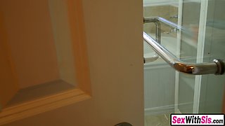 Busty teen stepsis cleaned up and railed