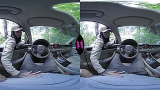 Chleo Heart delivers car VR in sensual public handjob