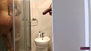 Stepmom Washes Stepson's Dirty Cock in Shower - Italian MILF Blowjob & Cumshot