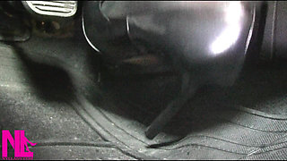 Revving and Driving in Black Pantyhose and Grey High Heels