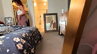 Redhead babe caught humping pillow in solo webcam show